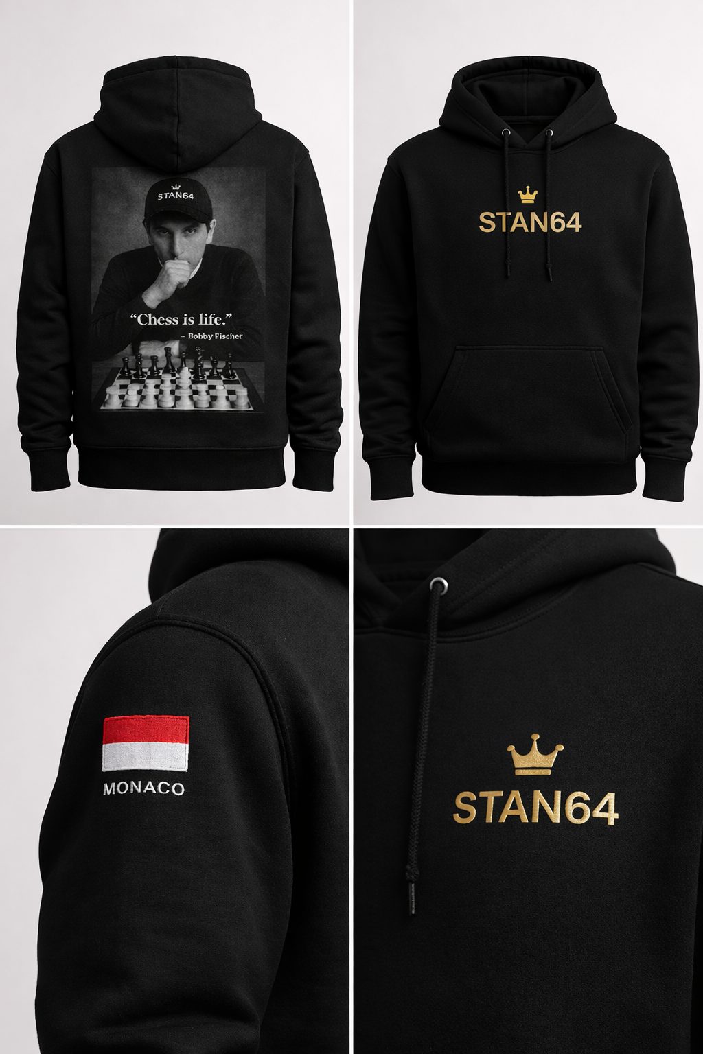 STAN64 H001 Bobby Fischer hoodie, numbered edition of 64, designed in Monte-Carlo