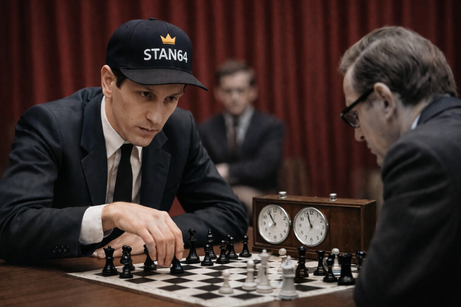 Bobby Fischer at the chessboard wearing the STAN64 cap, Monaco-designed chess mindset streetwear