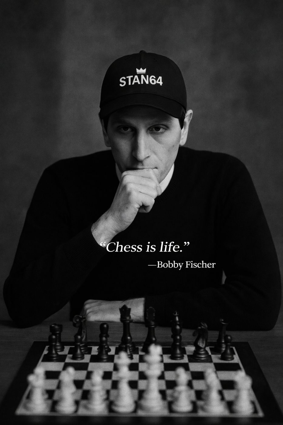 Bobby Fischer at the chessboard wearing the STAN64 cap, chess mindset