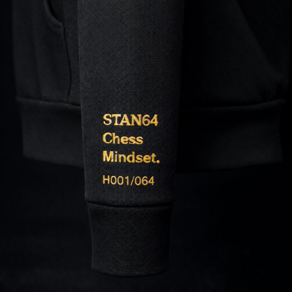 STAN64 hoodie sleeve embroidery: Chess Mindset and individual number
