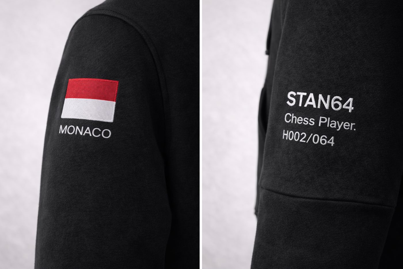 STAN64 hoodie study with Monaco flag on the sleeve